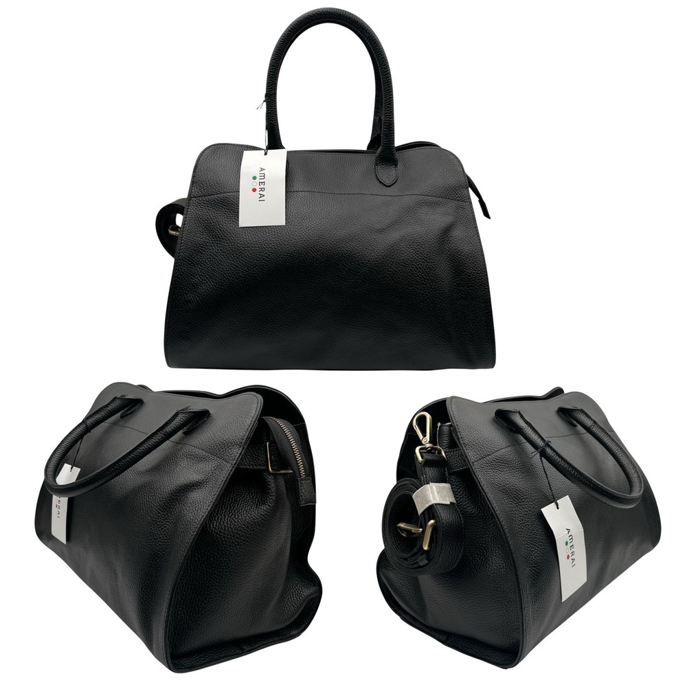 Amerai Womens Italian Leather Satchel Purse Black Travel Casual Handbag 11x15x9"